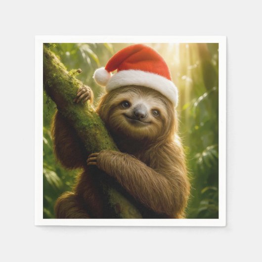 サンタ帽をかぶったクリスマスのナマケモノ スタンダードカクテルナプキン (正面)