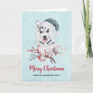 サンタ帽をかぶったクリスマスのハスキー犬 カード