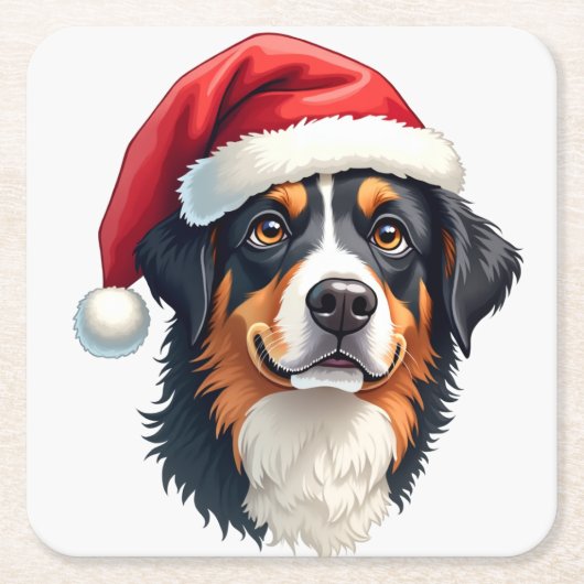 サンタ帽をかぶったクリスマスのベルナーゼンネンシュタイネル スクエアペーパーコースター (正面)