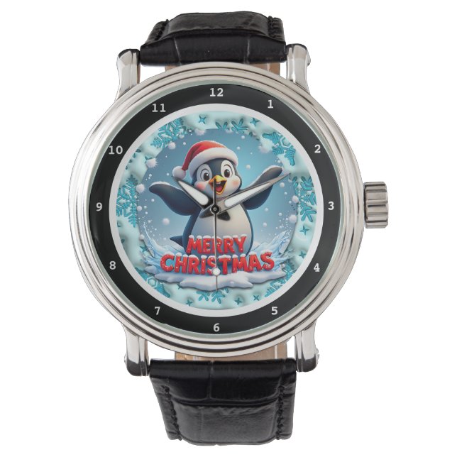 サンタ帽をかぶったクリスマスのペンギン  腕時計 (正面)