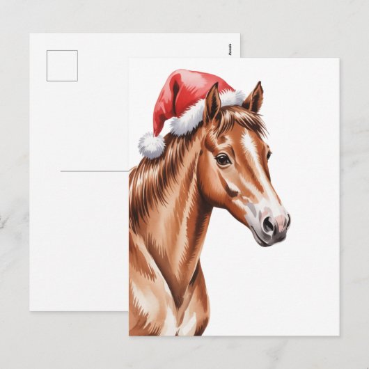サンタ帽をかぶったクリスマスの馬 シーズンポストカード (正面/裏面)