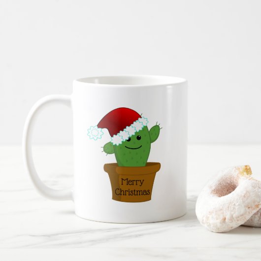 サンタ帽をかぶったクリスマスカクタス コーヒーマグカップ (ドーナツ)