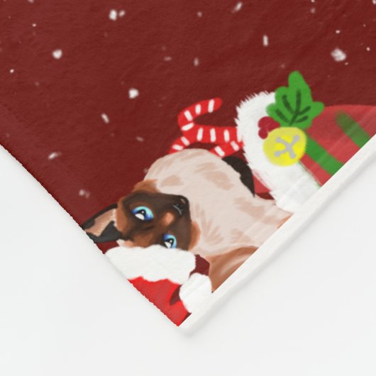サンタ帽をかぶったクリスマスシャム猫 フリースブランケット (角)