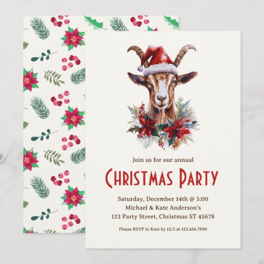サンタ帽をかぶったクリスマスヤギの農場動物パーティー 招待状 (正面/裏面)