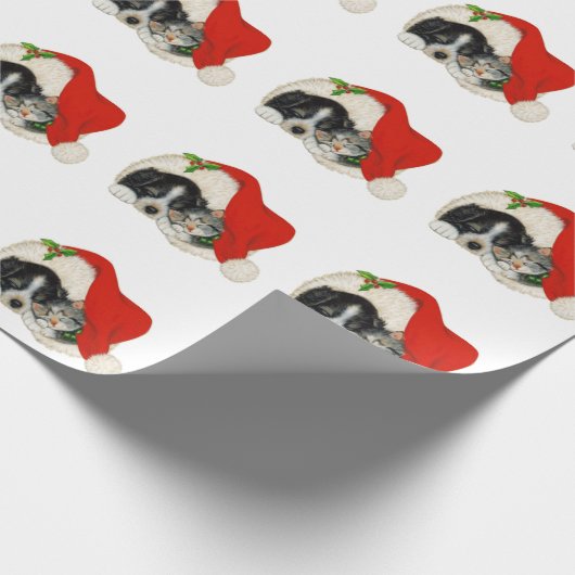 サンタ帽をかぶったクリスマス犬と猫 ラッピングペーパー (角)