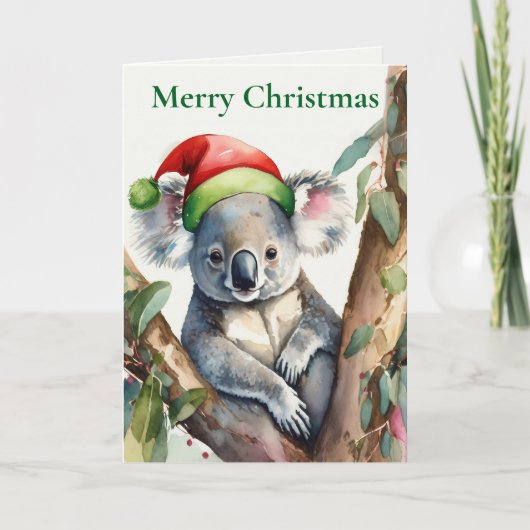 サンタ帽をかぶったコアラとワライカワセミのクリスマス シーズンカード (正面)