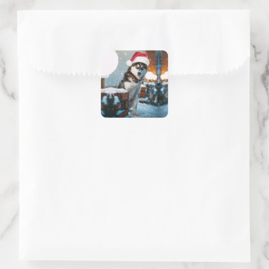 サンタ帽をかぶったシベリアのハスキー犬 スクエアシール (バッグ)
