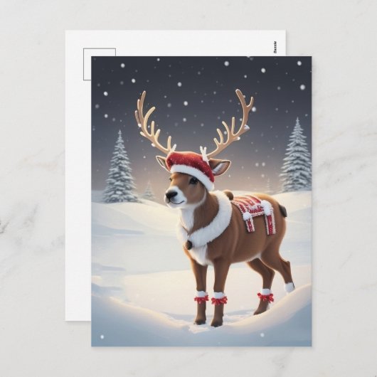 サンタ帽をかぶったトナカイ シーズンポストカード (正面/裏面)