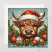 サンタ帽をかぶったハイランド牛のお祭りイラスト シーズンカード (正面/裏面)