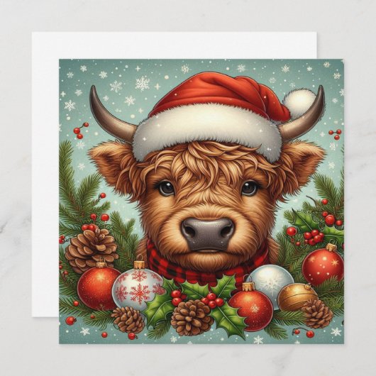 サンタ帽をかぶったハイランド牛のお祭りイラスト シーズンカード (正面/裏面)
