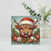 サンタ帽をかぶったハイランド牛のお祭りイラスト シーズンカード (スタンド正面)