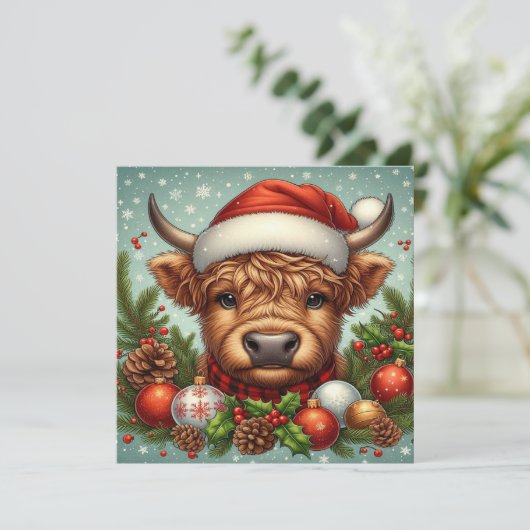 サンタ帽をかぶったハイランド牛のお祭りイラスト シーズンカード (スタンド正面)