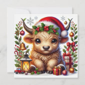 サンタ帽をかぶったハイランド・カウの祭りの装い シーズンカード (正面)