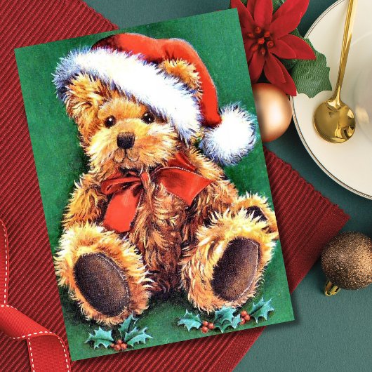 サンタ帽をかぶったビンテージクリスマスベア シーズンカード