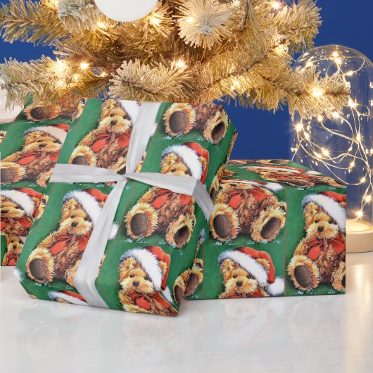 サンタ帽をかぶったビンテージクリスマスベア ラッピングペーパー (クリスマス)