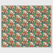 サンタ帽をかぶったビンテージクリスマスベア ラッピングペーパー (フラット)