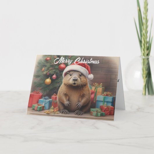 サンタ帽をかぶったビーバーとクリスマスプレゼント カード (正面)