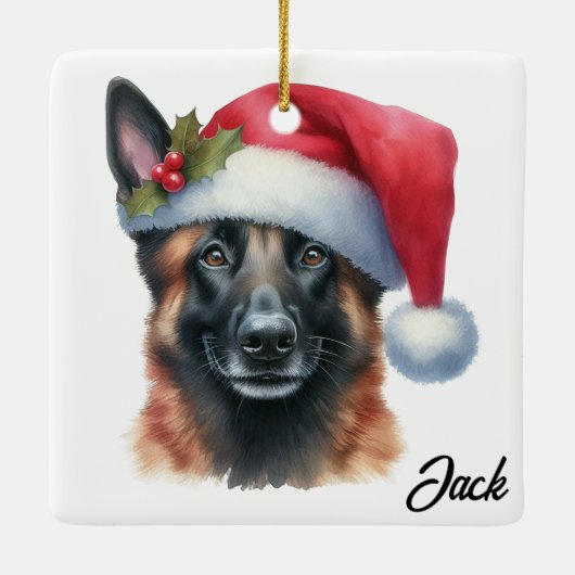 サンタ帽をかぶったベルギー産マリノア犬 セラミックオーナメント (裏面)
