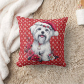 サンタ帽をかぶったマルチーズのクリスマス犬 クッション (ブランケット)