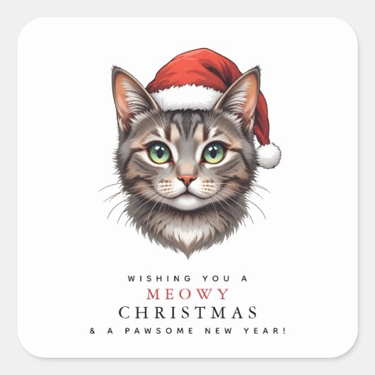 サンタ帽をかぶったモダンでかわいいクリスマスの猫 スクエアシール (正面)