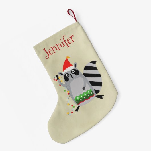 サンタ帽をかぶったラクーンがクリスマス灯に絡まった スモールクリスマスストッキング (裏面 (吊り時))