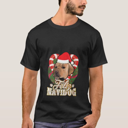 サンタ帽をかぶったラブラドール Feliz Navidog レディース Tシャツ (正面)