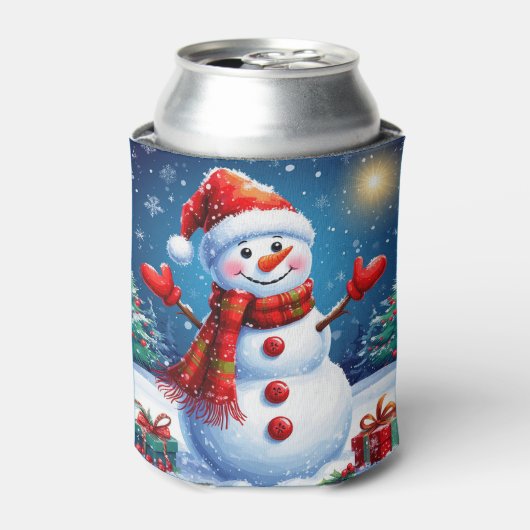 サンタ帽をかぶった元気な雪だるま 缶クーラー (缶正面)