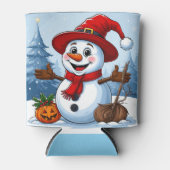 サンタ帽をかぶった元気な雪だるま 缶クーラー (正面)