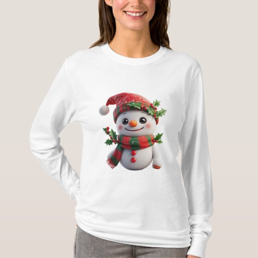 サンタ帽をかぶった元気な雪だるま Tシャツ (正面)