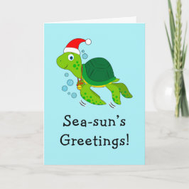 サンタ帽をかぶった海ガメの海洋クリスマス シーズンカード