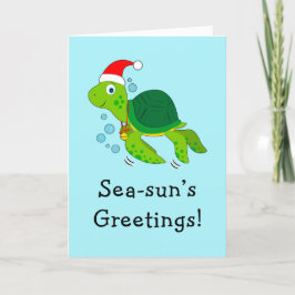 サンタ帽をかぶった海ガメの海洋クリスマス シーズンカード