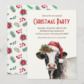 サンタ帽をかぶった牛のクリスマスパーティー 農場の動物 乳製品 クリスマス お祝い 招待状 (正面/裏面)