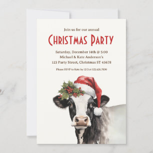 サンタ帽をかぶった牛のクリスマスパーティー 農場の動物 乳製品 クリスマス お祝い 招待状