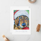 サンタ帽をかぶった犬のホリデー ノートカード (正面/裏面インサイチュ)