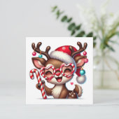 サンタ帽をかぶった笑顔のトナカイとキャンディーケーン シーズンカード (スタンド正面)