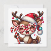 サンタ帽をかぶった笑顔のトナカイとキャンディーケーン シーズンカード (正面)