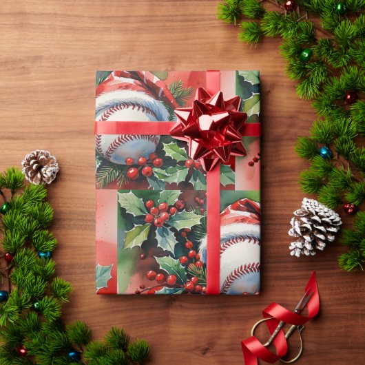 サンタ帽をかぶった野球ボール柄のクリスマスデザイン ラッピングペーパー (クリスマスギフト)