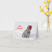 サンタ帽をかぶった雪の中の犬と、クリスマスおめでとう！ カード (黄色い花)