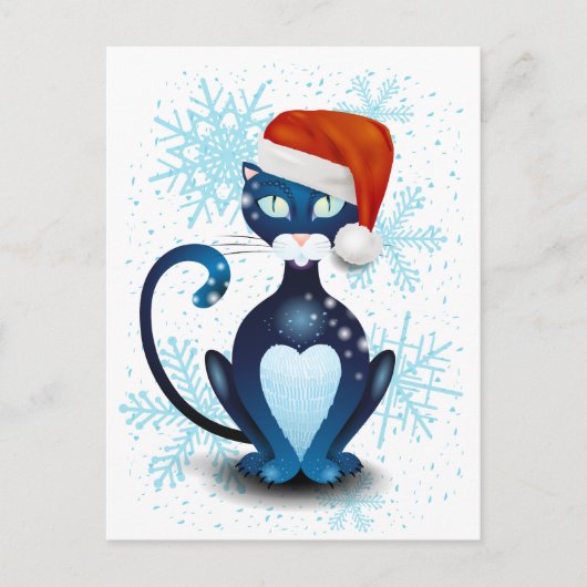 サンタ帽をかぶった黒猫 ポストカード (正面)