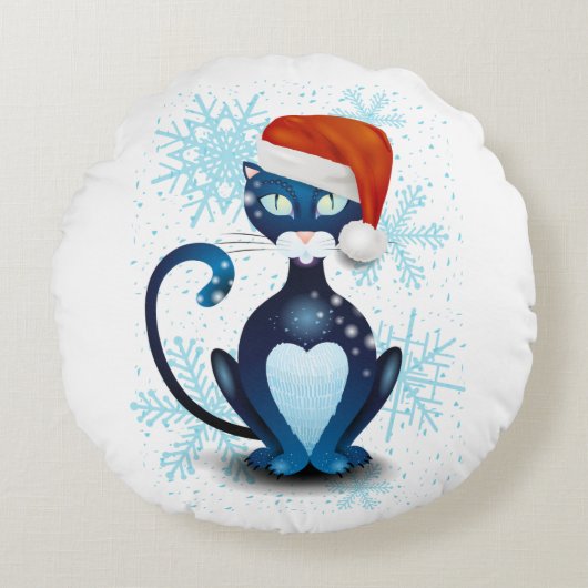 サンタ帽をかぶった黒猫 ラウンドクッション (正面)
