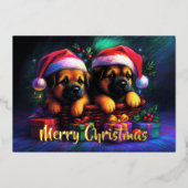 サンタ帽をかぶった2匹の可愛い子犬 箔シーズンカード (正面)