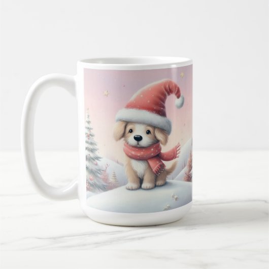 サンタ帽を被ったかわいいクリスマスの子犬 コーヒーマグカップ (左)