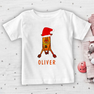 サンタ帽を被ったかわいい鹿のイラスト名前 ベビーTシャツ