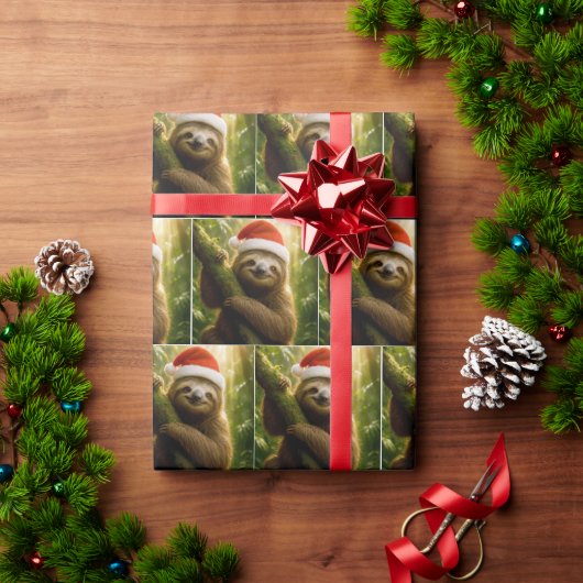 サンタ帽を被ったクリスマスのナマケモノ ラッピングペーパー (クリスマスギフト)