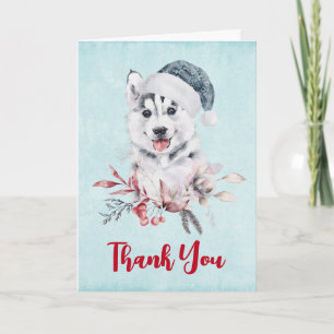 サンタ帽を被ったクリスマスのハスキー犬　ありがとう カード