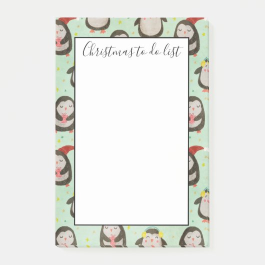サンタ帽を被ったペンギンたちが耳にイヤホンつけてやることリストをチェックしてる ポストイット (正面)