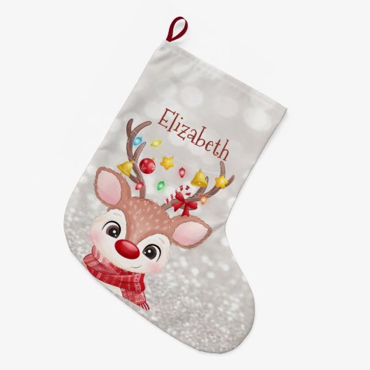 サンタ帽を被った愛らしいトナカイ, ボケ ラージクリスマスストッキング (正面 (吊り時))