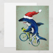 サンタ帽を被った自転車に乗るヒップスターシャーク シーズンカード (正面/裏面)