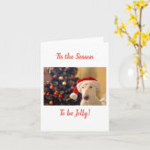 サンタ帽ブルテリア、シーズン到来  カード (黄色い花)