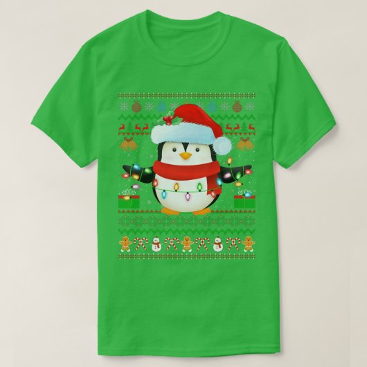 サンタ帽ペンギン鳥クリスマスライト醜いペンギンクリスマス Tシャツ (デザイン正面)